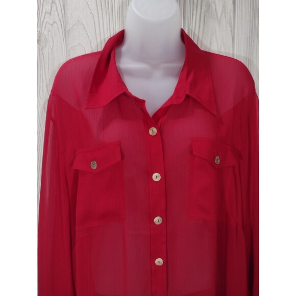 Linea By Louis Dell'Olio Red Sheer Button Front Blouse Size 1X - Picture 6 of 15